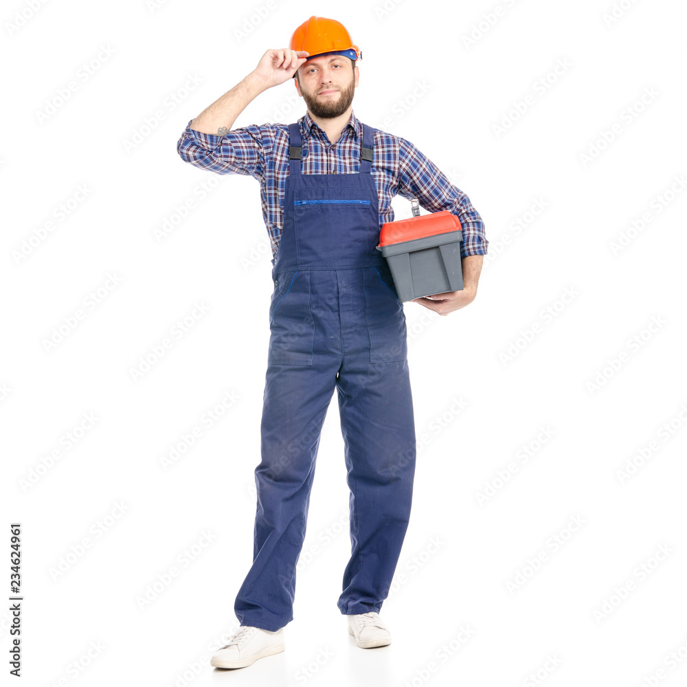 Wall mural young man builder with toolbox industry worker hardhat on white background isolation