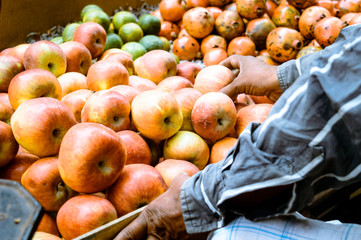 Freshly juicy picked heap of Red apples displayed for customer in a retail shop near roadside, Kolkata, India.