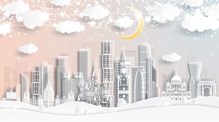 Moscow Russia Skyline in Paper Cut Style with Snowflakes, Moon and Neon Garland.