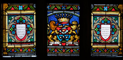 Stained glass window in parish church of Saint Mark in Zagreb, Croatia