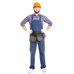 Young man builder industry worker hardhat on white background isolation