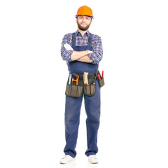 Young man builder with toolbelt industry worker hardhat on white background isolation
