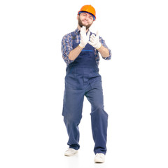 Young man builder industry worker hardhat claps in palm on white background isolation