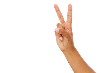 afro american hand showing the sign of victory or peace closeup isolated on white background