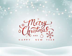 Fototapeta na wymiar Christmas winter landscape background with falling snowflakes, garland lights. Merry Christmas and Happy New Year card. Vector xmas snowy holiday banner.