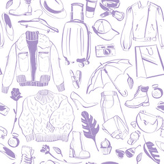 Vector seamless pattern for fashion and autumn & winter shopping theme with women accessory & clothing isolated - shoe, jacket, bag, perfume, hat, boots, umbrella. Good for packaging design, ad, tag.