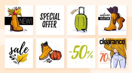 Vector collection of trendy autumn sale with female wardrobe clothing & accessory elements: sweater, boot, bag, jeans isolated on white background. Hand drawn sketch style. Good for card, sale tag, ad
