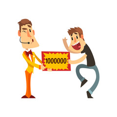 Fototapeta na wymiar Anchorman and happy man holding winning check for one million dollars, lottery, quiz show concept vector Illustration on a white background