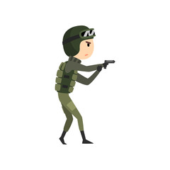 Military man with gun, soldier character in camouflage uniform, cartoon vector Illustration on a white background