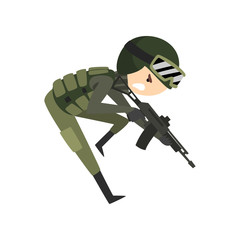 Military man with gun rifle, soldier character in camouflage combat uniform cartoon vector Illustration on a white background