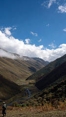 A hiker along high altitude Jomolhari trek path, Bhutan.