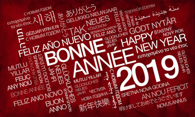 Bonne Année 2019 nuage de mots texte carte de voeux fond rouge