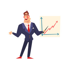 Self confident businessman pointing at a whiteboard with growth graph at a presentation, successful business character cartoon vector Illustration