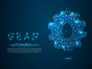 Gears. Industry development, engine work, business solution concept. Mechanical technology machine engineering symbol. Vector poligonal wireframe gear 3d illustration on dark blue background