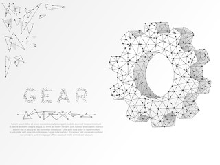 Gears. Industry development, engine work, business solution concept. Mechanical technology machine engineering symbol. Vector poligonal wireframe gear 3d illustration on dark blue background