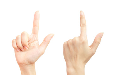 A woman's hands lifted a thumbs up symbol. For the number one 2 in 1 Forehand and back hand isolated on white background and clipping path