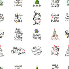 Slogans for the new year seamless pattern. Christmas posters for an interior or for t-shirts. Modern style calligraphy and lettering 3d stars.