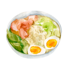 Asian noodle soup, ramen with chicken, tofu, vegetables and egg in white bowl. Top view. Japanese traditional dishes.  Watercolor vector illustration of vegetarian food.