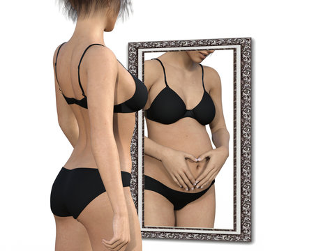  Child wish - Woman with a Child wish looks pregnant in the mirror 