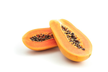 Ripe papaya is a healthy fruit. Properties as medicine. Use as a diuretic, diuretic to help heal laxative. The name is scientific : Carica papaya. isolated on white background and clipping path.