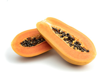 Ripe papaya is a healthy fruit. Properties as medicine. Use as a diuretic, diuretic to help heal laxative. The name is scientific : Carica papaya. isolated on white background and clipping path.