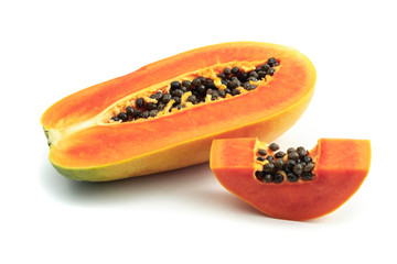 Ripe papaya is a healthy fruit. Properties as medicine. Use as a diuretic, diuretic to help heal laxative. The name is scientific : Carica papaya. isolated on white background and clipping path.