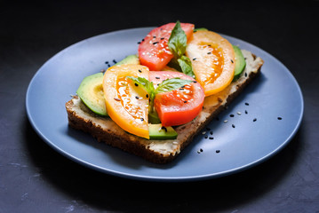 Gourmet tomato and avocado on rye toast dish