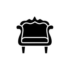 Black & white vector illustration of vintage wooden armchair with decorative high back. Flat icon of arm chair seat. Upholstery furniture. Isolated object