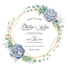 Beautiful greenery wedding invitation card on white background. Vector.Succulent, Wax flower, sillver dollar plant.