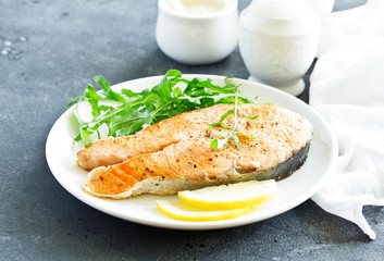 grilled salmon steak with cream sauce.