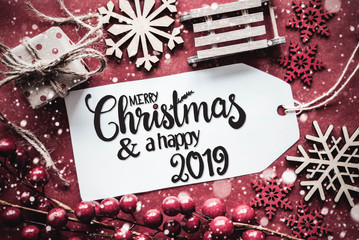 Flat Lay, Rustic Decoration, Calligraphy Merry Christmas And A Happy 2019