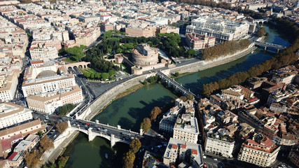 Aerial drone view of iconic Castel Sant' Angelo (castle of Holy Angel) and Ponte or bridge...