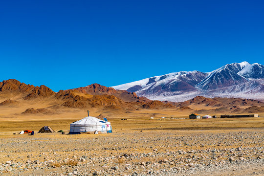 Autumn view of mongolian ger on the steppe