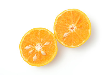 fresh oranges half cut rich in vitamin C isolated top view on white background and clipping path