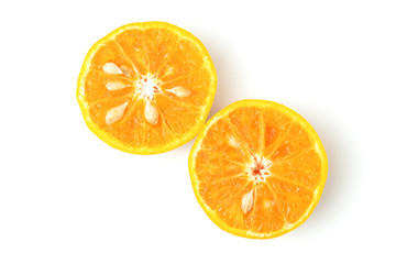 fresh oranges half cut rich in vitamin C isolated top view on white background and clipping path