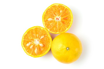 fresh oranges full and half cut rich in vitamin C isolated top view on white background and clipping path