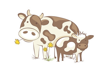 Cow with calf / Funny vector illustration, farm animals in the meadow