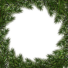 Fototapeta na wymiar New Year. Christmas. Postcard with a pattern of Christmas trees. Place for advertising, announcements. Green branches of fir trees in a circle. illustration