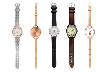 Woman stylish watches. Set of five female watches of various sizes and designs, isolated on white background, clipping paths included.