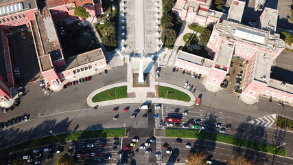 Aerial drone photo of sports complex of Foro Italico featuring famous Obelisk of Mussolini, Rome,...