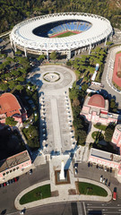Aerial drone photo of sports complex of Foro Italico featuring famous Obelisk of Mussolini, Rome,...
