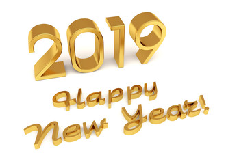 New year gold glossy 3D figures and letters with Christmas decorations on a white background