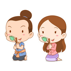 Cute couple cartoon in Thai  costume praying with incense sticks and lotus.