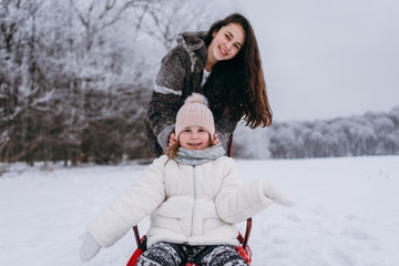 Little sisters have fun in the winter on the snow. Girls ride a sled in a park in the nature....