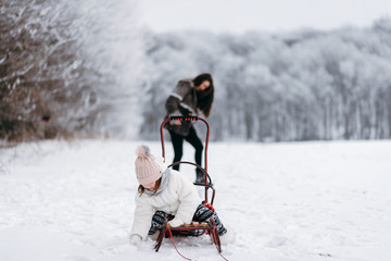 Little sisters have fun in the winter on the snow. Girls ride a sled in a park in the nature....