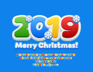 Vector colorful Children Greeting Card Merry Christmas 2019. Bright Font with Snoflakes. Kids Alphabet Letters, Numbers and Symbols.