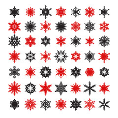 Big collection of elegant black and red snowflakes silhouette isolated on white background. Vector illustration.