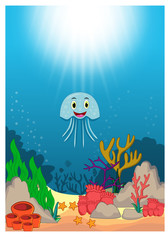 Fototapeta na wymiar Jellyfish in Beautiful Underwater World Cartoon