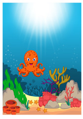 Fototapeta na wymiar Octopus in Beautiful Underwater World Cartoon