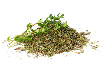 green thyme with dried thyme leaves isolated on white background close up